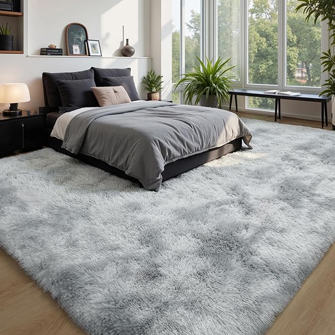 Grey Fluffy 8x10 Large Area Rugs for Bedroom Living Room, Tie-Dye Light Gray Soft Washable Shag Carpet for Kids Room, Nursery, Dorm Decor, Colorful Cute Plush Fuzzy Rugs for Baby Toddler