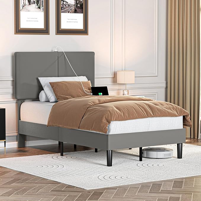 VECELO Twin Bed Frame with Type-C & USB Ports, Upholstered Platform Height-Adjustable Cotton and Linen Headboard,No Box Spring Needed, Noise-Free, Easy Assembly, Dark Grey