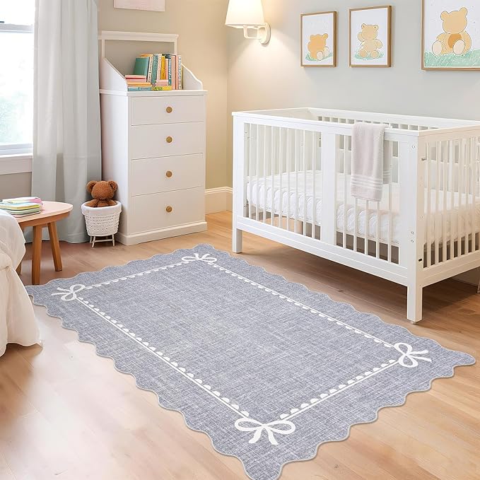 GarveeHome Scalloped Bow Rug for Living Room, Solid Grey Rug for Dorm, Washable Rugs 4x6 Soft Low Pile Non Slip Scalloped Rugs for Nursery Bedroom Decor Hallway Kids Room Playroom