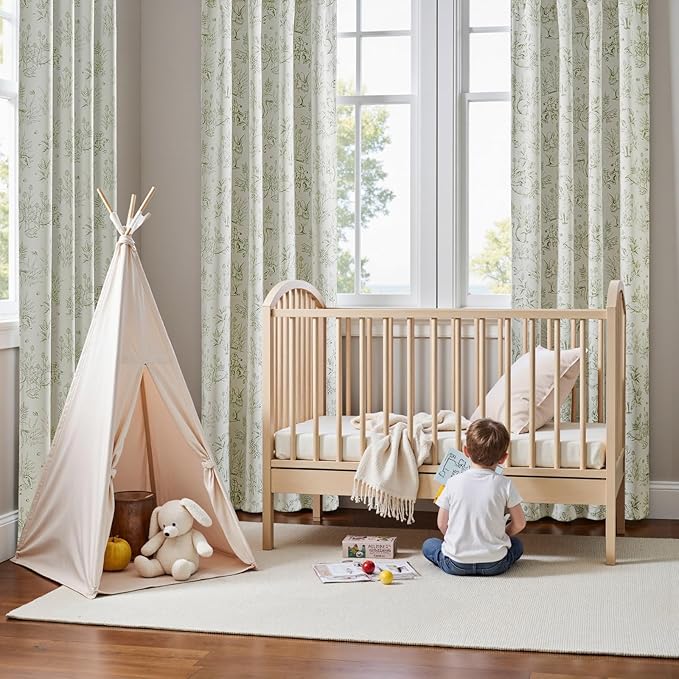 jinchan Blackout Nursery Curtains 84 Inches Long, Bunny Woodland Toile Curtains Sage Green on Beige Animal Printed Drapes for Bedroom Rod Pocket Thermal Insulated Farmhouse Window Treatment 2 Panels