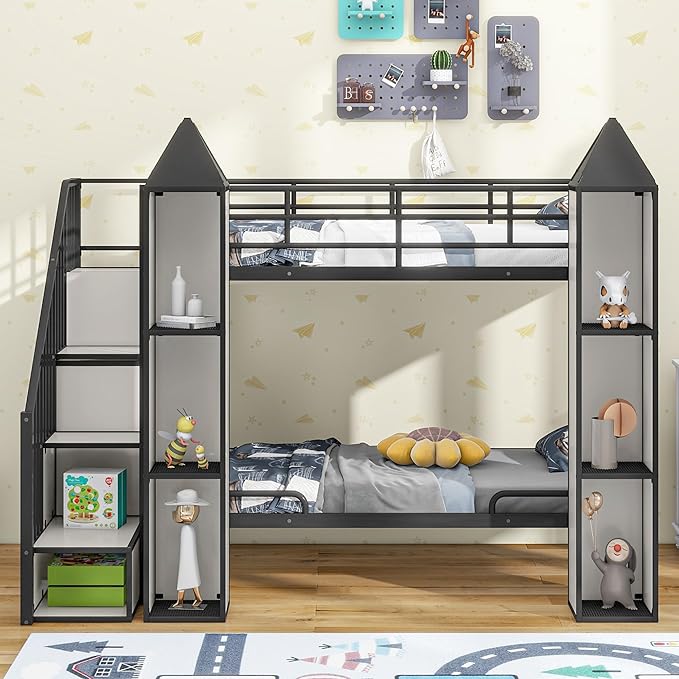 Twin Over Twin Castle-Shaped Bunk Bed with Wardrobe and Multiple Storage, Metal Bunk Bed with Storage Staircase and Safety Guardrail for Kids Teens Boys Girls Bedroom (White+Black 04)