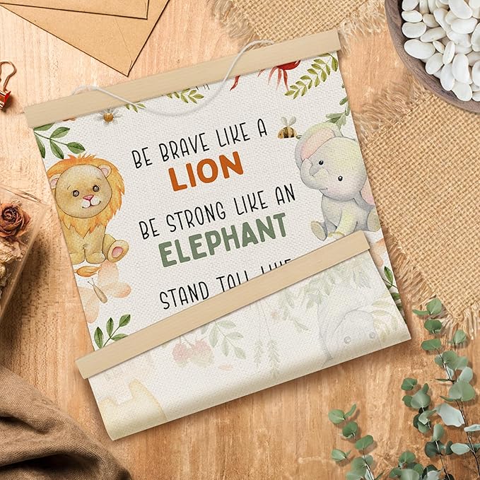 MOTERMATE Tropical Safari Nursery Wall Art Poster, Jungle Woodland Nursery Decor, Inspirational Canvas Poster Hanger Frame, Safari Baby Animal Nursery Wall Hanging Banner Decor for Classroom, 12x16 In