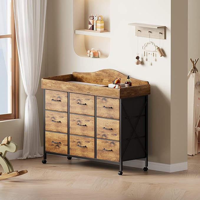 Baby Changing Table with 9 Fabric Drawers, Waterproof Diaper Changing Station & Pad, Mobile Nursery Diaper Changing Table, Baby Furniture, Bedroom, Rustic Brown