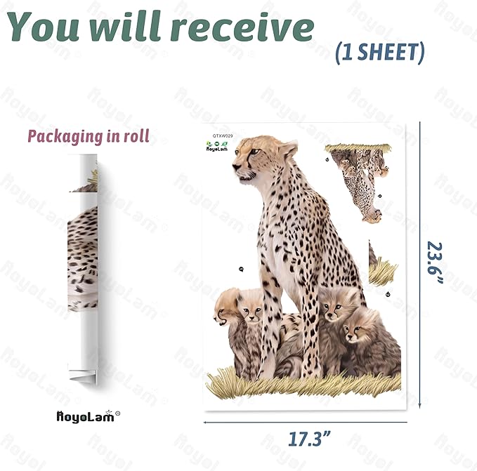 Wild Cheetah and Its Cubs Wall Decal Nursery Animal Wall Sticker Removable Peel and Stick Waterproof Wall Art Decor for Kids Baby Classroom Preschool Living Room Playing Room Bedroom School