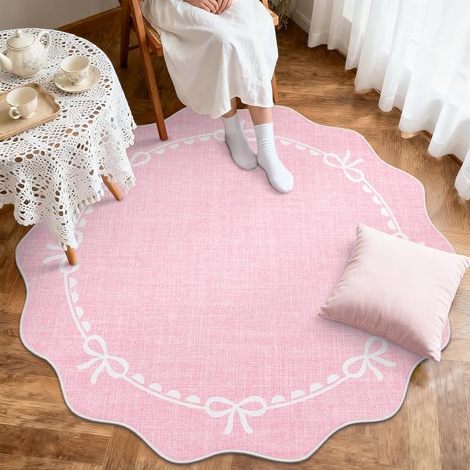 GarveeHome Scalloped Bow Rug for Living Room, 6ft Round Rugs Washable Solid Pink Rug for Dorm Soft Low Pile Non Slip Scalloped Rugs for Nursery Bedroom Decor Kids Room Playroom