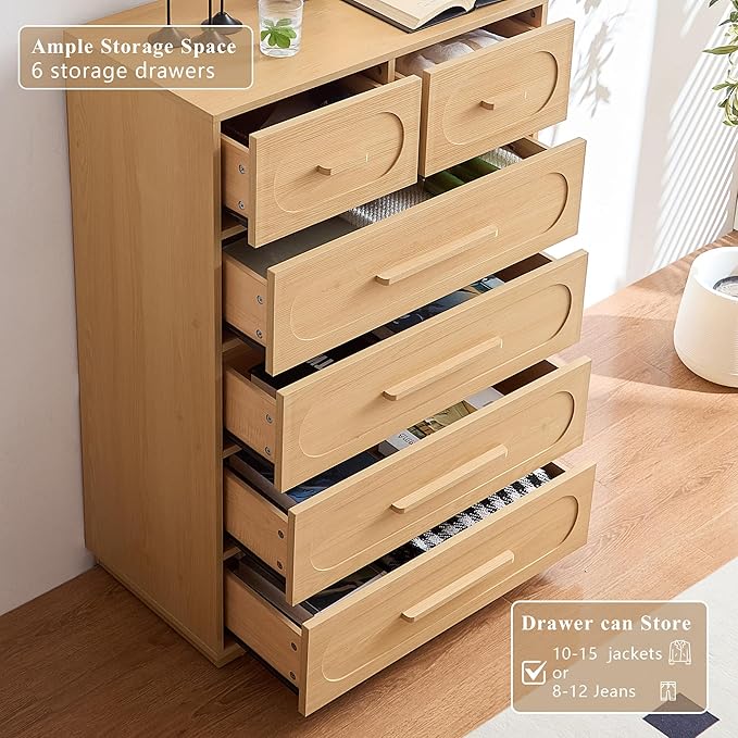 6 Drawers Dresser for Bedroom, 44" Tall Mid Century Modern Chest of Drawers with Solid Wood Handle, Large Wood Storage Dresser Organizer for Bedroom, Living Room, Natural Oak