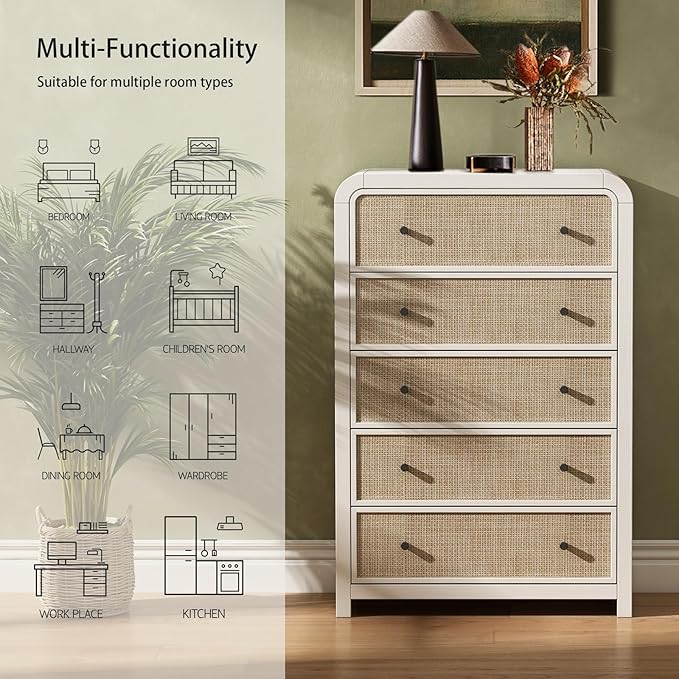 Oak&Sparrow 5 Drawer Tall Dresser for Bedroom, 47'' Rattan Dresser with Ample Storage, Boho Chest of Drawers, Thickened Curved Profile Design, Oak Dressers for Bedroom, Living Room
