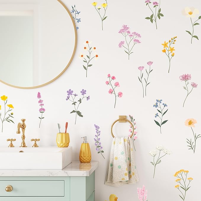 Pastel Wildflower Wall Decals - Set of 22 Vinyl Flower Room Decor Peel and Stick Removable Floral Stickers for Nursery Bedroom Bathroom