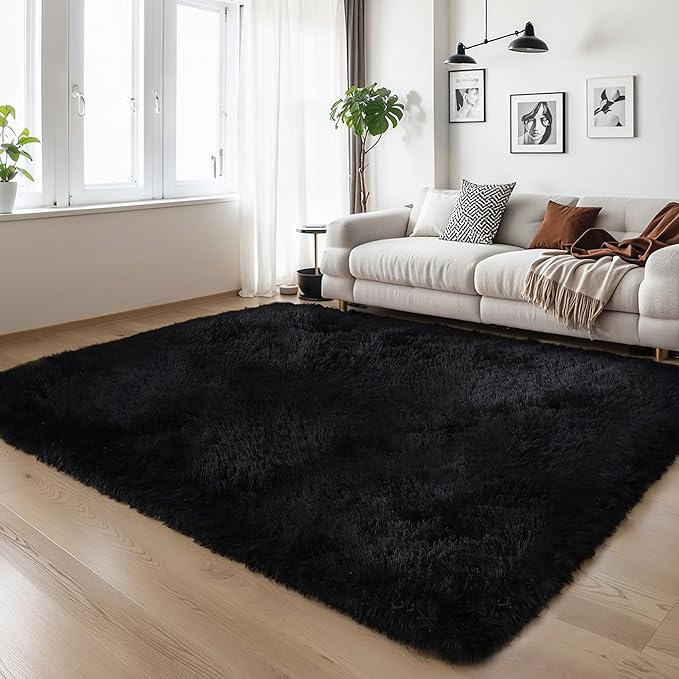 Thick Area Rug Black Fluffy Shag 3x5 for Bedroom, Ultra Soft Thickened Plush Washable Carpet, Non-Slip Cozy Shaggy Fuzzy Rug for Living Room Nursery Dorm Playroom Kids Baby Room