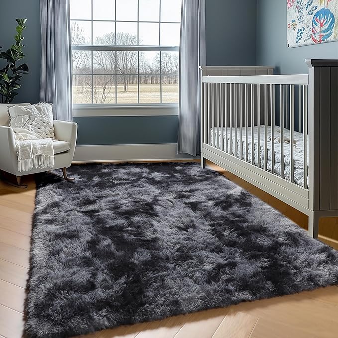 ONASAR Area Rugs for Bedroom Living Room, Washable Fluffy Tie-Dyed Dark Grey 4x6 Indoor Bedside Floor Throw Rug, Soft Plush Shaggy Carpet for Nursery Kids Girls Boys Teen Dorm Home Office Decor
