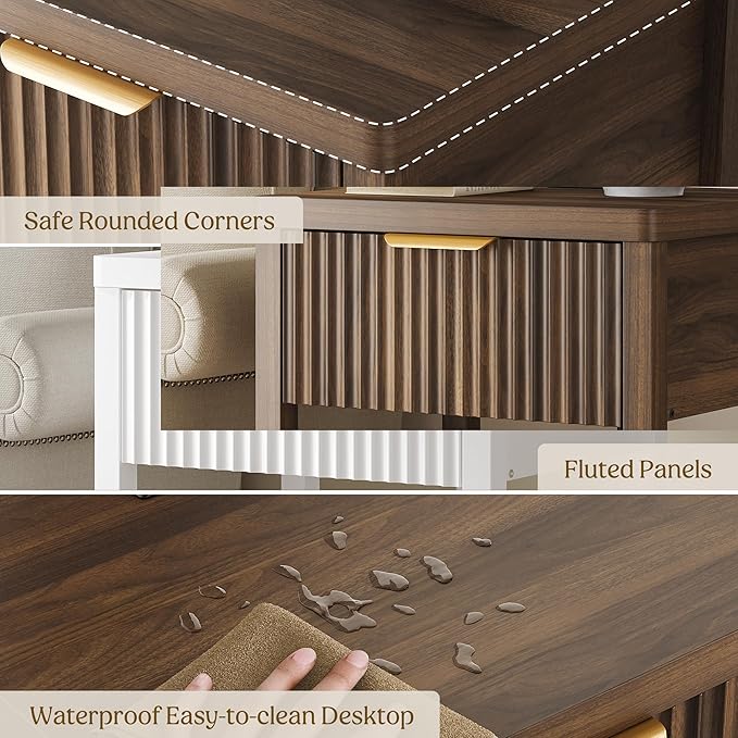 Lulive Night Stand Set 2, Fluted Nightstand with Charging Station, Wood Modern Bedside End Table with Storage Drawer for Bedroom, Save Space (Set of 2, Walnut)