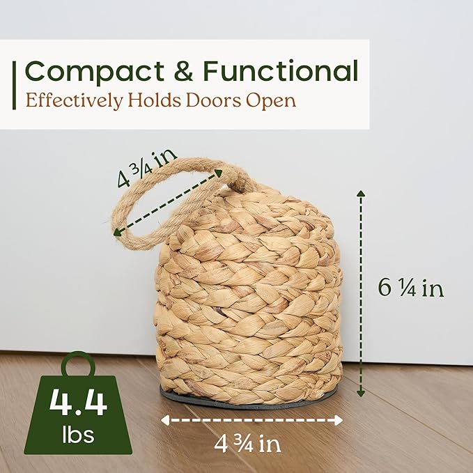 4.4lbs Natural Door Stopper for Bottom of Door Decorative Heavy Duty Door Stop with Handle Wicker Cute Door Stopper for Modern Farmhouse Water Hyacinth Home Decor 4.7"D x 6.3"H (Cylinder)