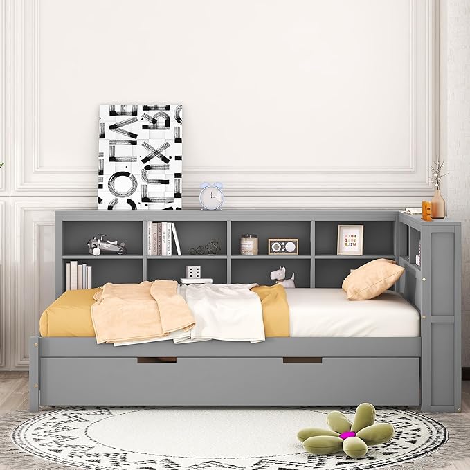 Harper & Bright Designs Twin Size Daybed with Trundle and Charging Station, Wooden Twin Storage Bed Frame with L-Shaped Bookcases, Twin Platform Bed with Shelves for Kids Girls Boys, Gray