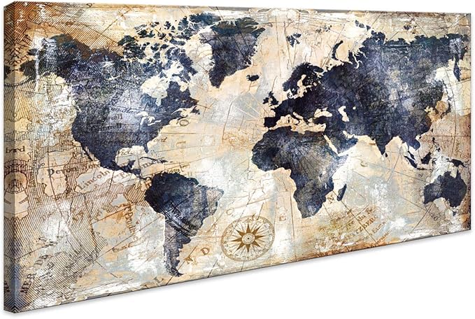 World Map Wall Art Framed Art Print Picture Wall Art Decor Home Interior - Map Picture for Office Wall Decor Canvas Artwork 20x40inch Ready to Hang