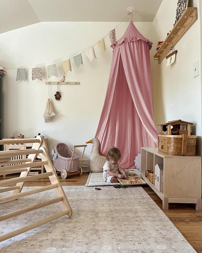 JIKAL Kids Bed Canopy with Ruffles Cotton Hanging Tent Frills Curtain Net for Baby Nursery Room Children Reading Nook Decor