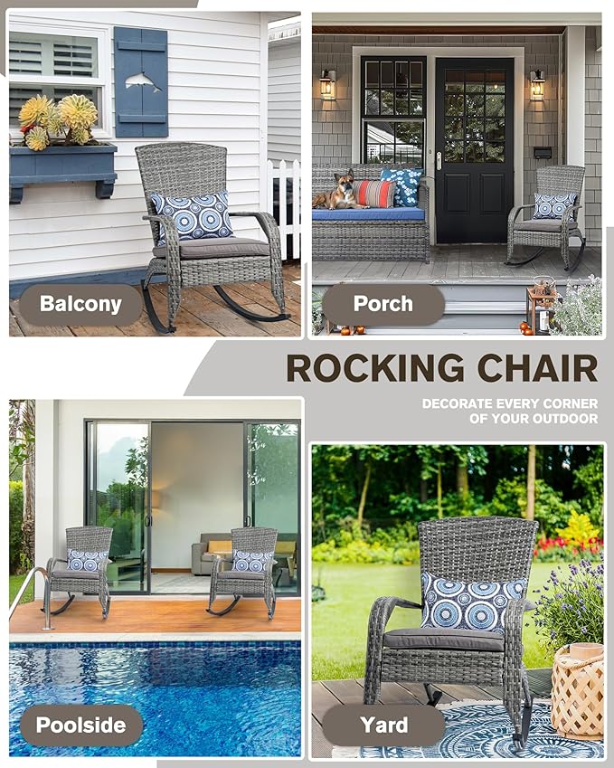 Outdoor Rocking Chair- Rattan Patio Rocker Chairs with Cushions and Steel Frame- All Weather Outdoor Rocker Chair with 2 Replaceable Cushion Covers (Blue & Grey), 320lbs