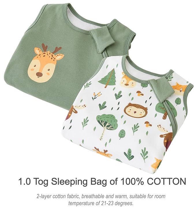 Baby Sleep Sack 1.0 Tog, 100% Cotton 2 Pack Wearable Blanket Sleeping Bag for Babies and Newborn, XL(18-24M), Forest Animals+Green