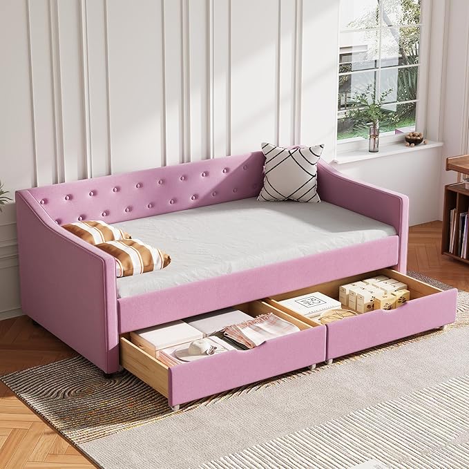 Ball & Cast Twin Size Daybed with Storage Drawers,Linen Upholstered Day Bed Frame with Button Tufted Back and Waved Shape Arms for Bedroom,Guest Room,No Box Spring Needed,Pink