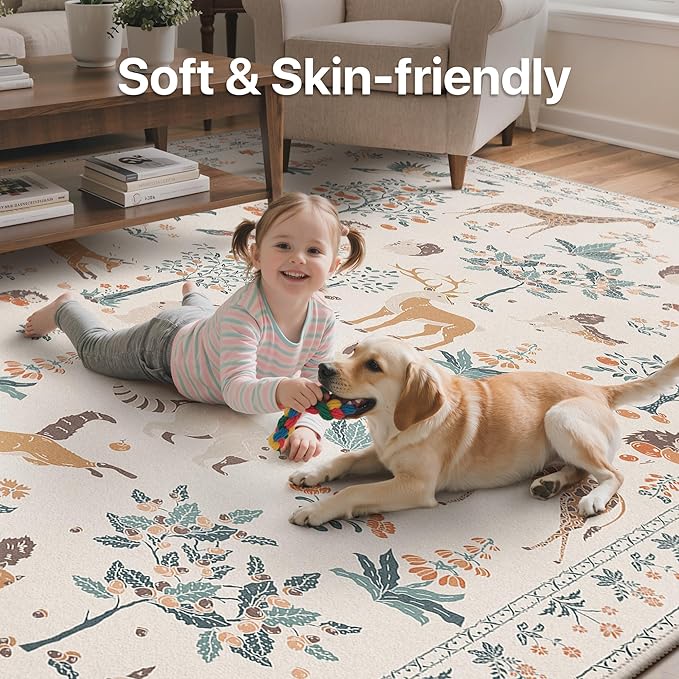 Area Rugs 6x9 Rug for Living Room,Floral Animal Print Area Rug, Machine Washable Non Slip Low Pile Girl Room Carpet for Bedroom, Dining Room, Nursery,Playroom, Beige