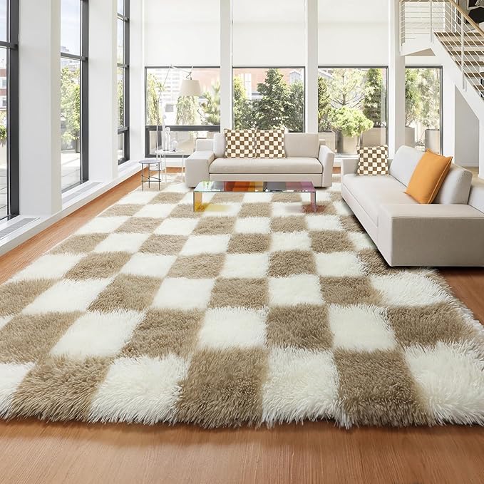 KICMOR Rugs for Living Room 7x10 Area Rug, Beige and Cream White Large Fluffy Shag Shaggy Fuzzy Checkered Bedroom Big Carpet, Soft Plush Rug for Kids Boys Girls Dorm Nursery Home Decor Aesthetic