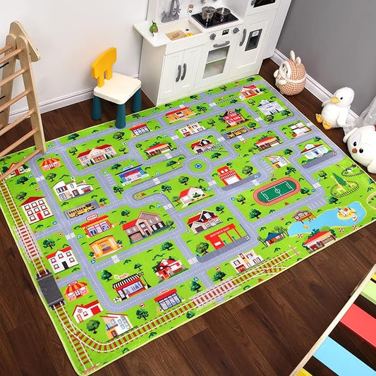 Kids Rug 5x7 Kids Carpet for Playroom Toddler City Traffic Road Print Mat Area Rug Soft Non Slip Fun Carpet for Children Nursery Playroom Classroom City Roads Learning Educational Rugs Grey
