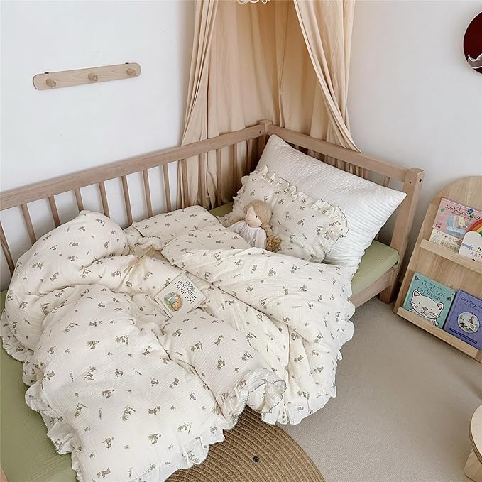 AOJIM Baby Kids Muslin Duvet Cover with Grey Rabbit, 1pc Pure Cotton Kids Bedding Comforter Cover 2-Layer Gauze 47X59'', Ruffled Design Baby Duvet Protector for Girls Boys, No Quilt or Pillowcases