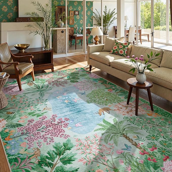 Lahome Spring Jungle Carpet, 9x12 Green Area Rug for Bedroom Large Living Room Area Rug, Soft Botanical Carpet for Kids Room, Washable Non Slip Non Shedding Indoor Mat for Dining Room Playroom
