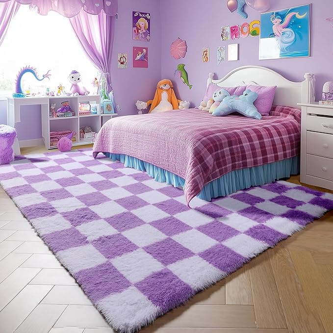 KICMOR Purple Rugs for Bedroom Living Room, Fluffy Soft Checkered 4x6 Area Rug Fuzzy Shag Shaggy Carpet, Indoor Plush Bedside Floor Rugs for Kids Girls Boys Teen Dorm Nursery Home Decor Aesthetic