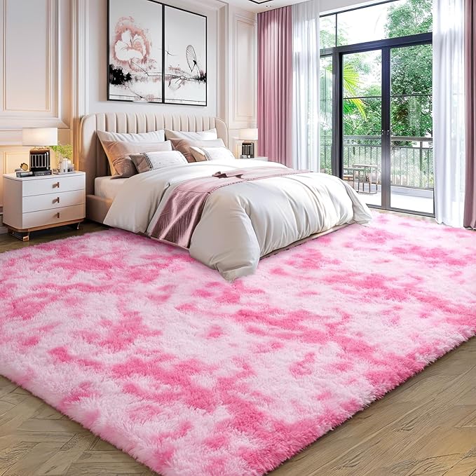 EVOIONOS 5x7 Washable Large Area Rug Living Room, Fluffy Shag Rug Bedroom, Ultra Soft Plush Non Slip Carpet Indoor Floor Bedside Nursery Kids Girls Room Dorm, Home Decor Aesthetic, Tie-Dyed Pink