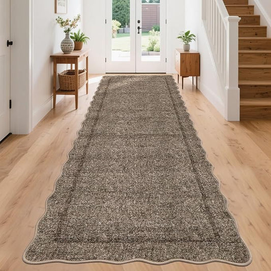GarveeHome Scalloped Washable Runner Rug 2x8 Runner Modern Non Slip Kitchen Runner Distressed Low Pile Entryway Rug Soft Bathroom Rugs Stain Resistant Carpet for Bedroom Hallway Laundry 2'x8' Taupe