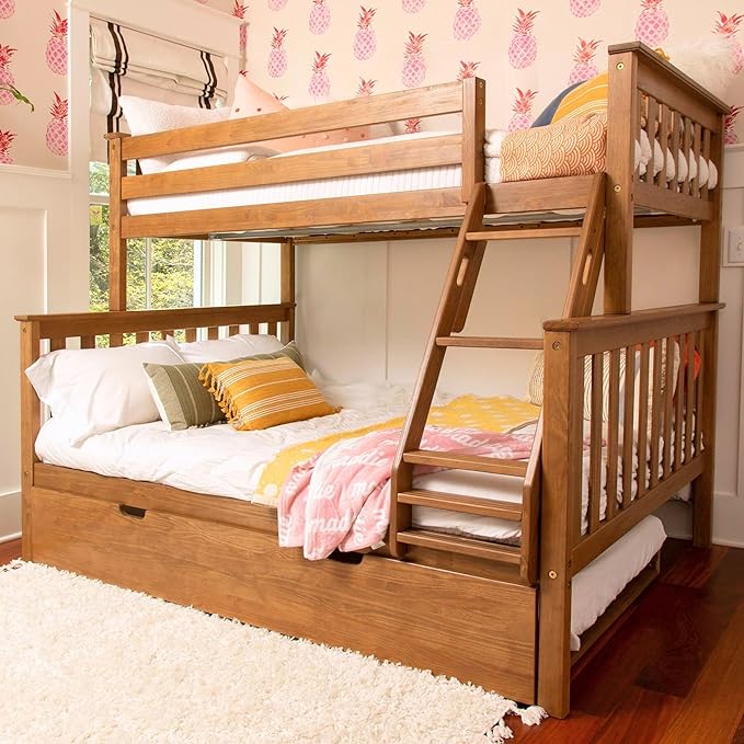 Max & Lily Bunk Bed, Twin-Over-Full Bed Frame for Kids with Trundle, Pecan