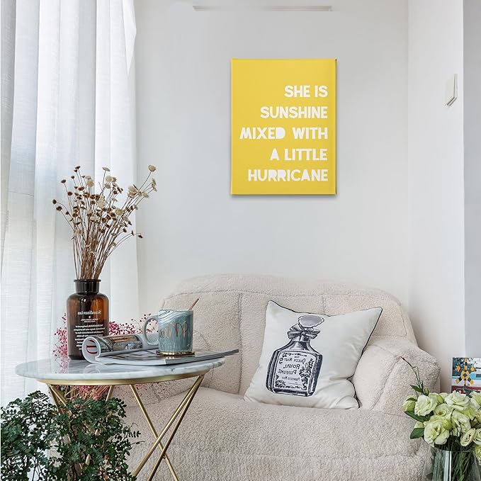 PHAMTE Girls Bedroom Wall Decor,She Is Sunshine Mixed With a Little Hurricane Girls Room Wall Art,Sunshine Print Framed Canvas Painting Artwork Girl Room Bedroom Home Nursery Playroom 11x14 (Yellow)