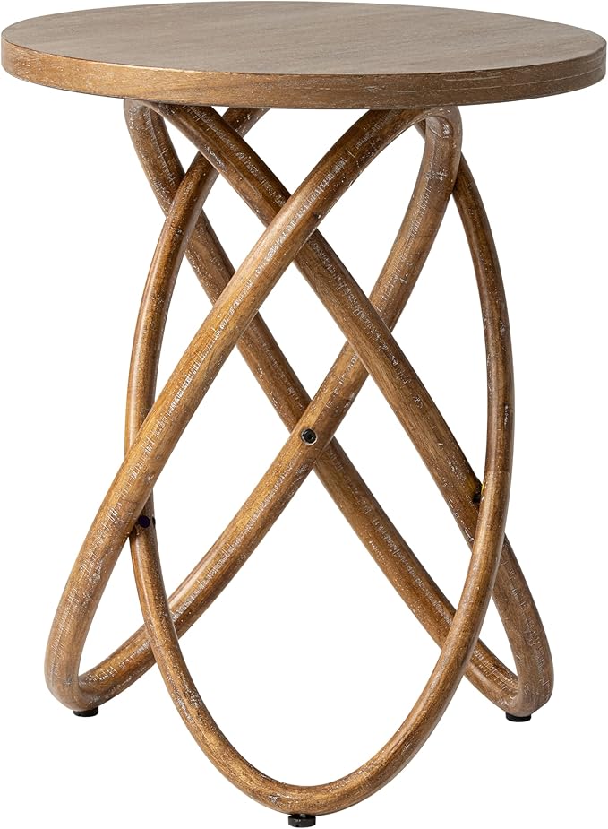 COZAYH Round End Table Farmhouse Wood Side Table Rustic Plant Stand with Intertwined Line Design for Living Room, Office, Walnut