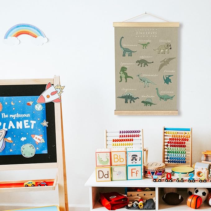 BCUANGD Dinosaur Dino Wall Decor - Beige Baby Toddler Boys Room Wall Art Poster Hanger with Wood Frames, Inspirational Wall Hanging Canvas Decor for Kids Room Nursery Bedroom, 12x16 Inches