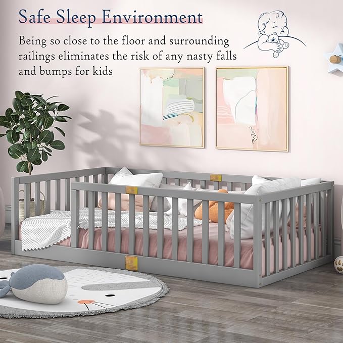 Tatub Twin Montessori Floor Bed with High Rails, Solid Wood Montessori Bed Frame for Kids, Entry Can Install Left and Right, Twin-Grey