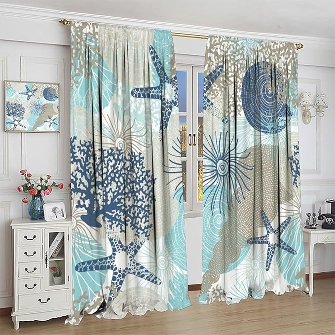 Shell Blackout Curtains Beach Shells Marine Life Water Grass Pattern Printed Curtains Suitable for Living Room Bedroom Privacy Curtains 52x84 Inches