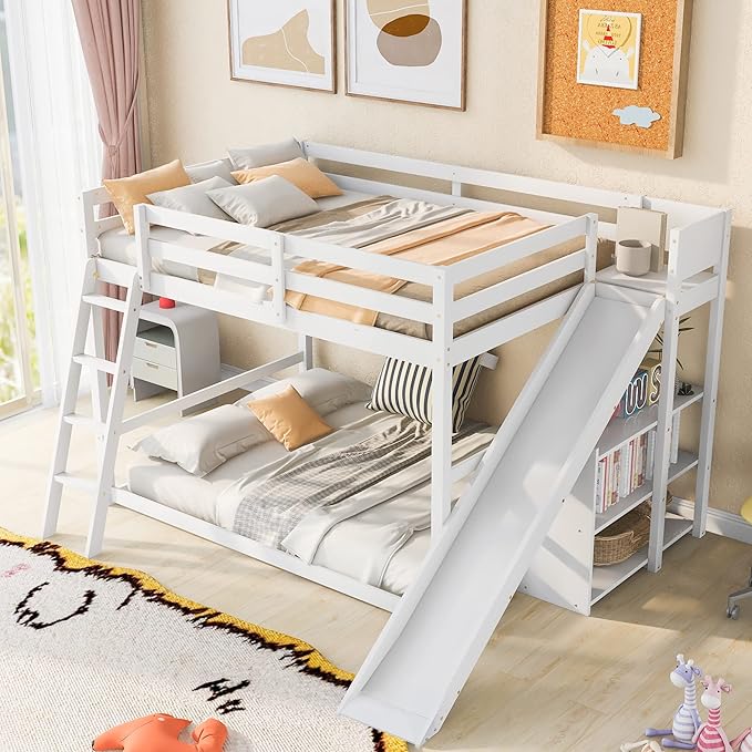 Full Over Full Bunk Bed with Ladder, Wooden Bunk Bed Frame with Slide and Shelves, Low Bunk Bed for Kids Teens Adult, Space-Saving Bedroom Dormitory Furniture (White + Pine-05)