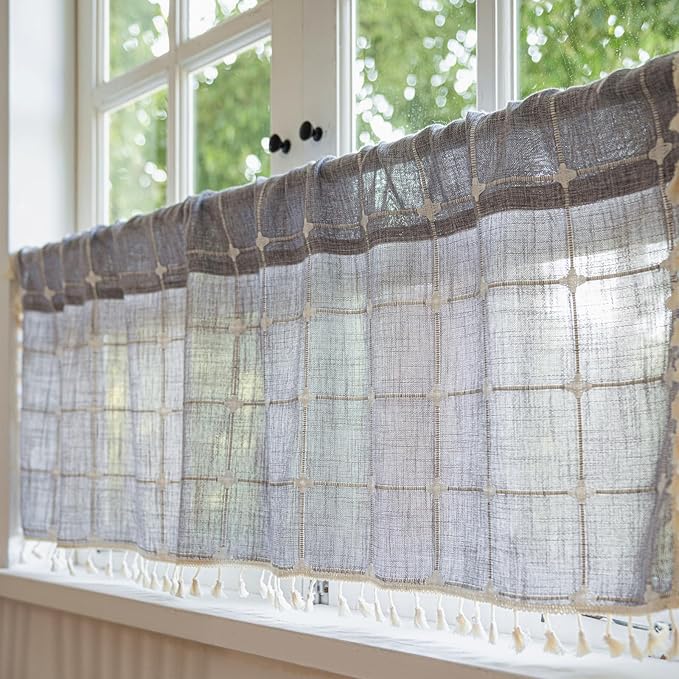 Deeprove Boho Curtain Valance18 Inches Long for Kitchen Cafe Closet, Cotton Linen Gray Plaids Embroidered Short Bohemian Farmhouse Window Treatment Grids Drape Tassels, 1 Panel W52 x L18 Grey