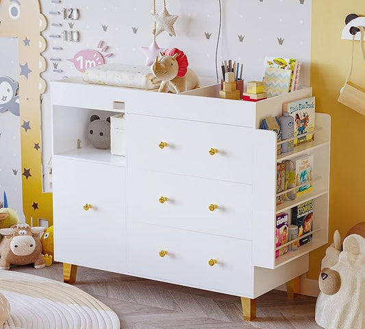 Baby Changing Table Dresser,Diaper Changing Table with Large Tabletop,4 Drawers, Open Storage Space & Side Shelves,Modern Storage Crib with Changing Table for Nurseries and Baby Rooms,White
