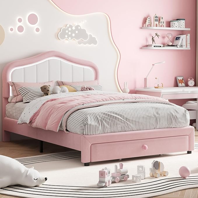 GarveeHome Upholstered Twin XL Bed Frame with Led Lights and Storage Drawer, Velvet Led Bed Frame with Headboard for Kids, Girls, Boys, No Box Spring Needed, Wooden Slats, Noise Free, Pink