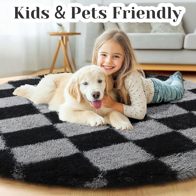 KICMOR Round Rugs 6ft Black and Grey Circle Area Rug, Fluffy Soft Fuzzy Shag Shaggy Bedroom Living Room Carpet, Indoor Checkered Circular Rug for Teen Kids Boys Girls Home Decor Aesthetic, Nursery