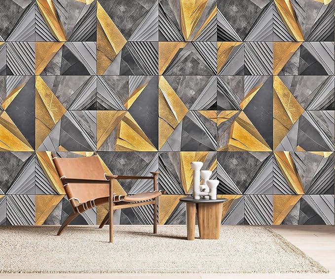 AFZEVEB-3D Geometric Wall Mural Gray and Gold Wallpaper for Bedroom 159"x107"(Not Peel and Stick)