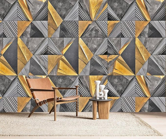 AFZEVEB-3D Geometric Wall Mural Gray and Gold Wallpaper for Bedroom 159"x107"(Not Peel and Stick)