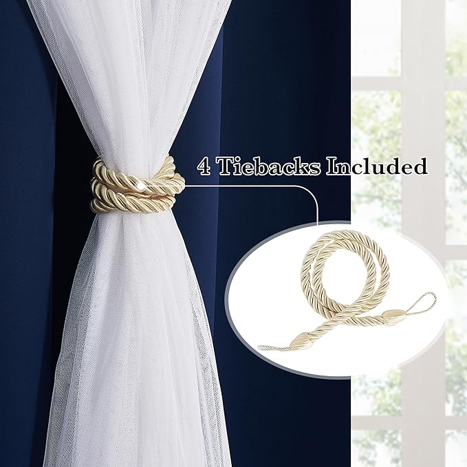 PONY DANCE Navy Blue Curtains Blackout - Room Darkening Curtains with Sheer Elegance Drapery Layered Drapes Mix and Match for Living Room/Kids Bedroom (Set of 2, 52x63 inch, Free Tie-Backs)