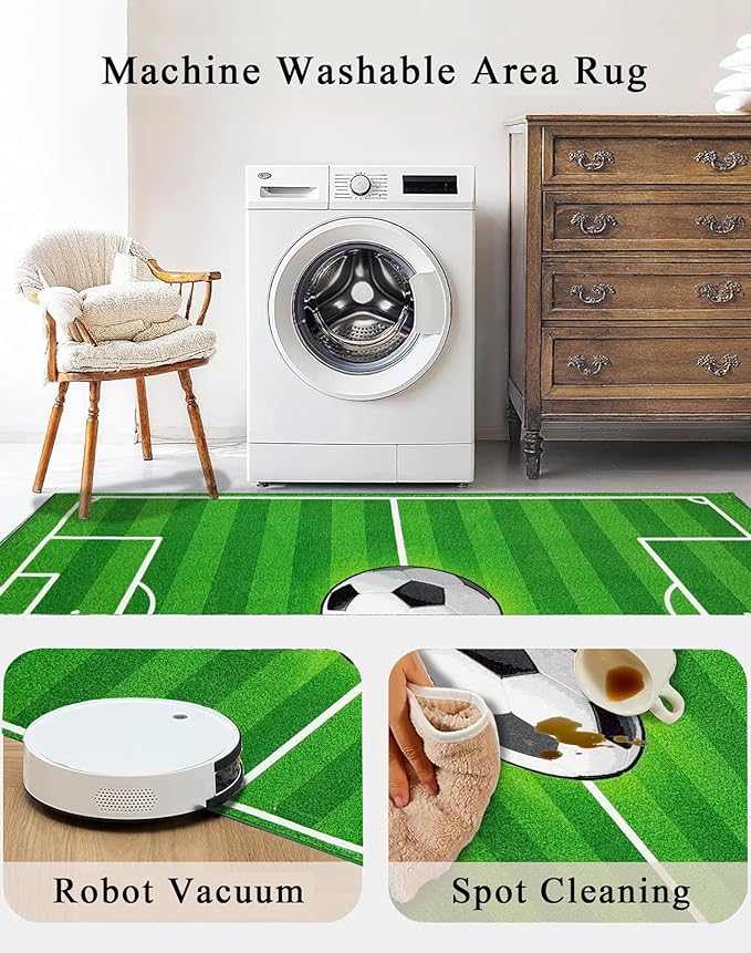 Washable Low Pile Soccer Rug 6x9- Soccer Field Mat for Boys Bedroom, Non-Slip Sports Room Decor, Durable Kids Playroom Rug, Nursery Floor Mat