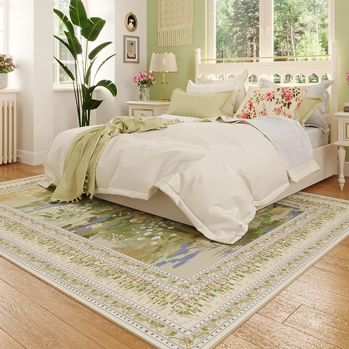 Rugcomf Area Rugs 9x12 Living Room Clearance Impressionist-Style Vintage Washable Rug Non Slip Low Pile Large Rug for Bedroom Farmhouse Dining Room Kids Playroom, Beige