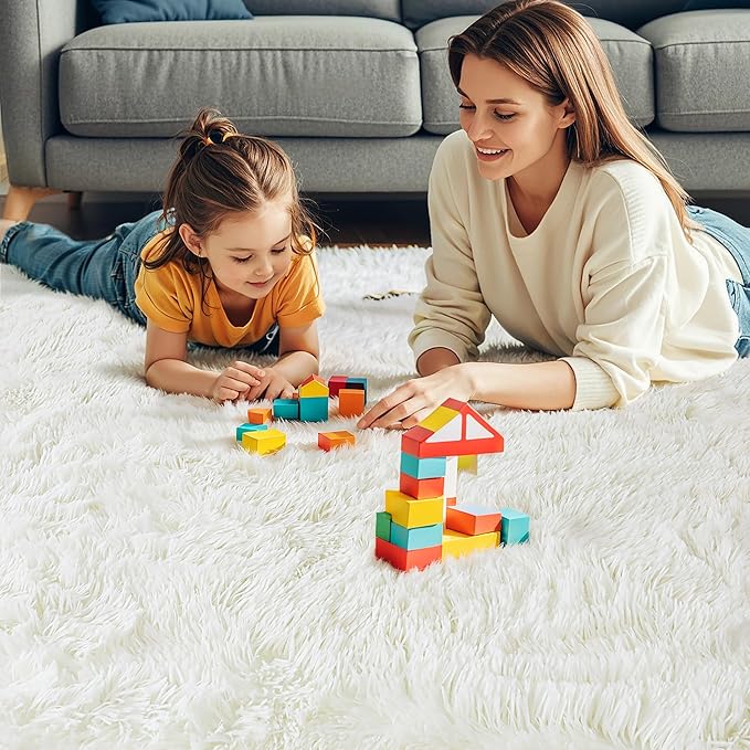 Fluffy 8x10 Large Area Rugs for Bedroom Living Room, Cream White Soft Washable Shag Carpet for Kids Room, Nursery, Dorm Decor, Colorful Cute Plush Fuzzy Rugs for Baby Toddler