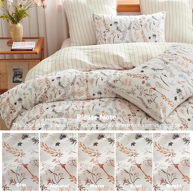 Floral Duvet Cover Twin 2 Pieces Aesthetic Reversible Striped Bedding Set Farmhouse Botanical Flowers Design Soft Washed Microfibre,1 Beige Duvet Cover with 1 Pillowcase