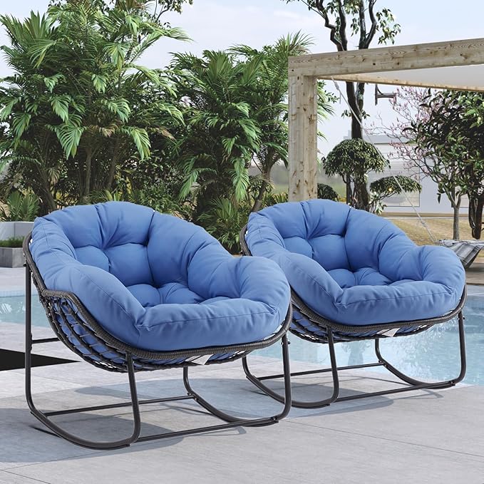 Oversized Outdoor Papasan Rocking Chair Set of 2 with Soft Cushion, Comfy Patio Egg Chair, Wicker Lounge Rocker for Balcony/Porch/Garden, Reinforced All Weather Rattan Frame, Royal Blue