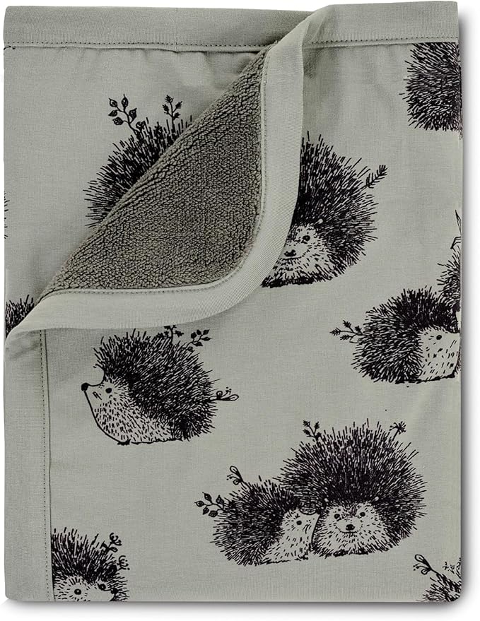 Oilo Baby Blanket, Luxury Soft Plush Backing & 100% Turkish Cotton Jersey Print, Double Layered, 30" x 40", Rolled Jersey Edge Trim, Machine Washable, Perfect for Infant or Toddlers, Olive, Hedgehog